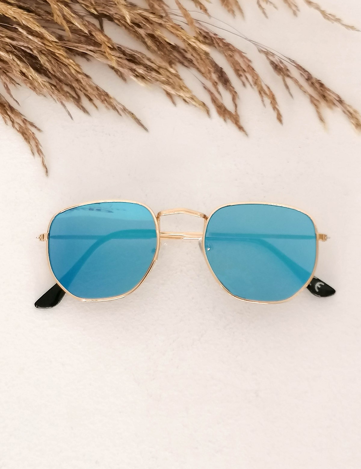 Γυναικεία μπλε πολύγωνα γυαλιά ηλίου καθρέπτης με χρυσό σκελετό Luxury LS3065